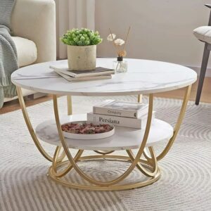Modern Gold Round Coffee Table with White Marble-Look Top and Lower Shelf