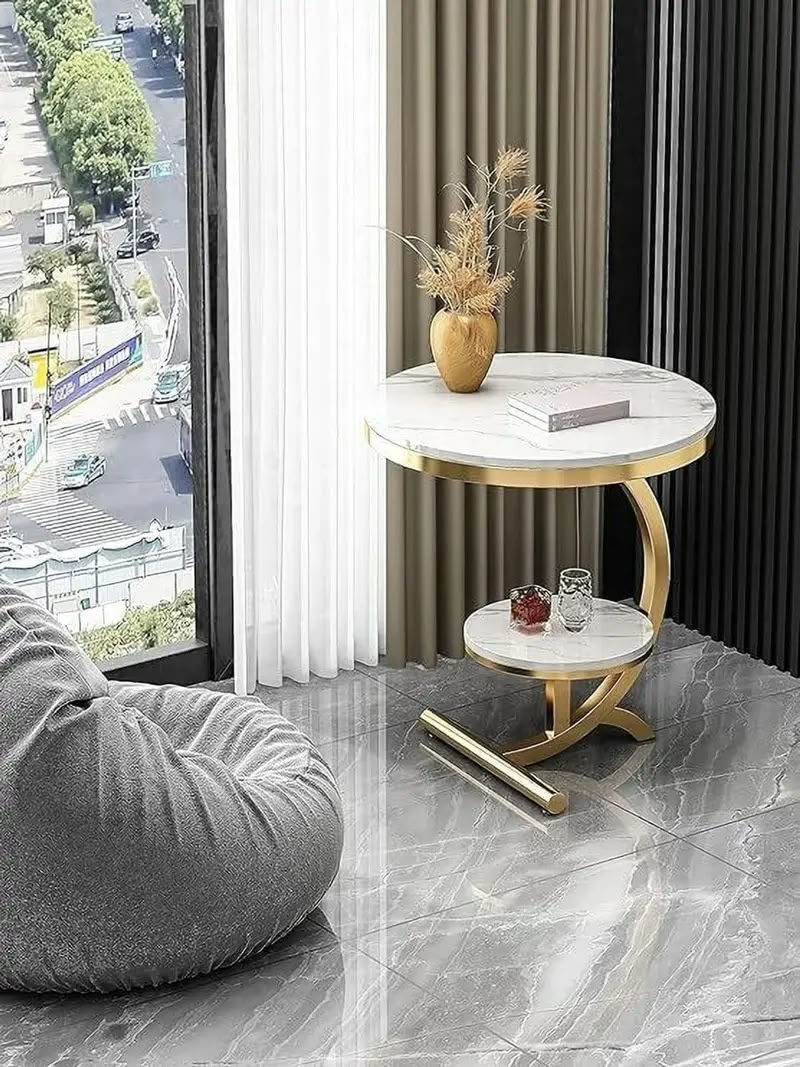 Premium Gold Metal Side Table with White Marble Finish Top & Storage Shelf | Modern Luxury Bedside Table for Bedroom & Living Room - Image 2