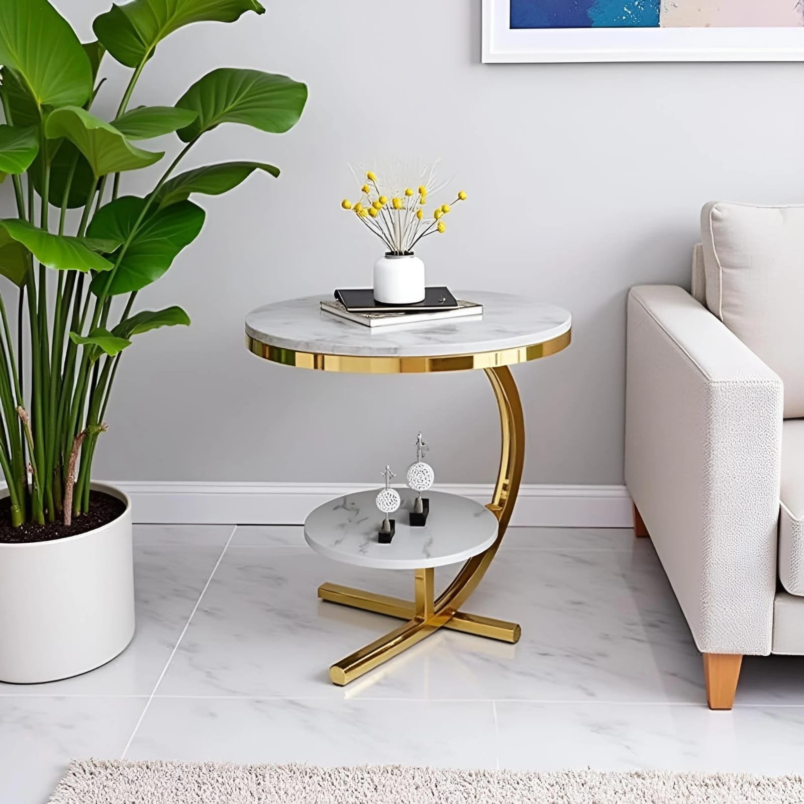 Premium Gold Metal Side Table with White Marble Finish Top & Storage Shelf | Modern Luxury Bedside Table for Bedroom & Living Room