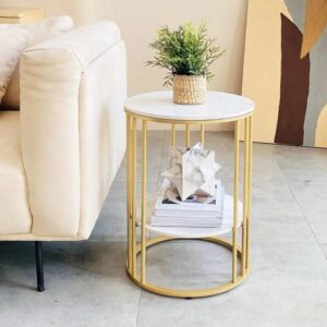 Gold Metal Round Side Table with White Marble-Look Top and Lower Storage Shelf